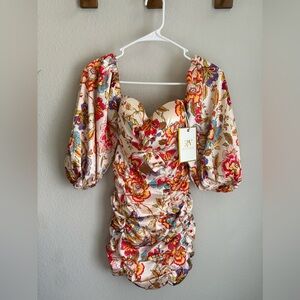 Floral Strapless Dress with Puff Sleeves